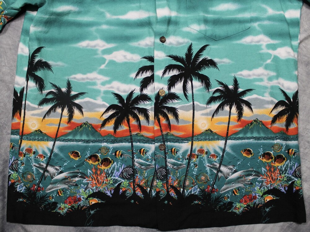 RJC Short Sleeve Hawaiian Shirt Mens Large Tropical Fish Beach USA